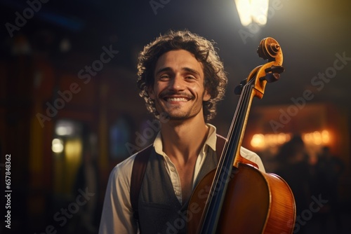 Leinwand Poster A man holding a cello and smiling at the camera