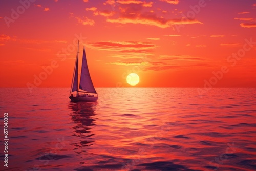 A beautiful sailboat floating in the middle of the ocean during a picturesque sunset. Perfect for travel brochures, inspirational posters, or vacation-themed websites.