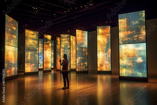 Man stands in hall of digital art exebition