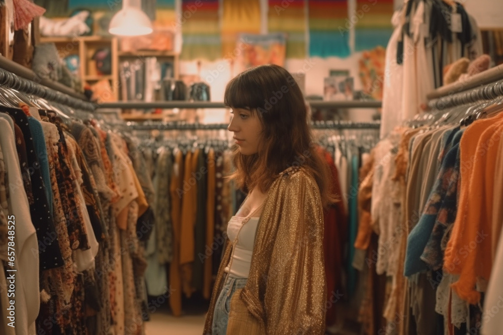 Woman choosing clothes in secondhand store