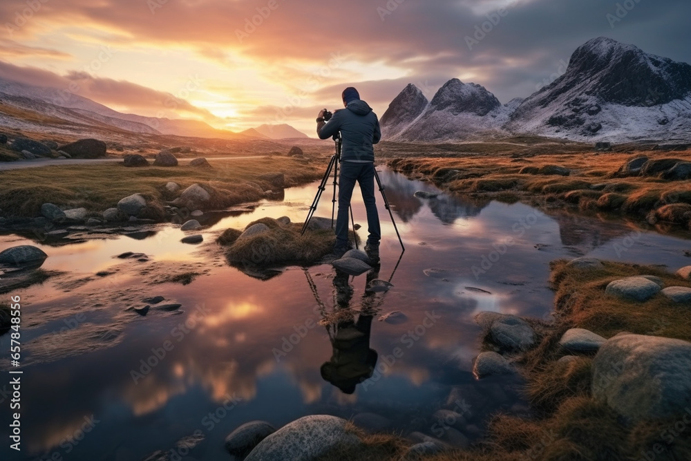 Photographer with camera in mountains