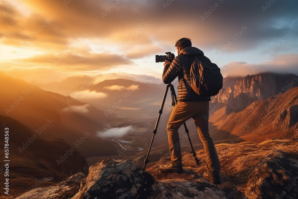Photographer with camera in mountains