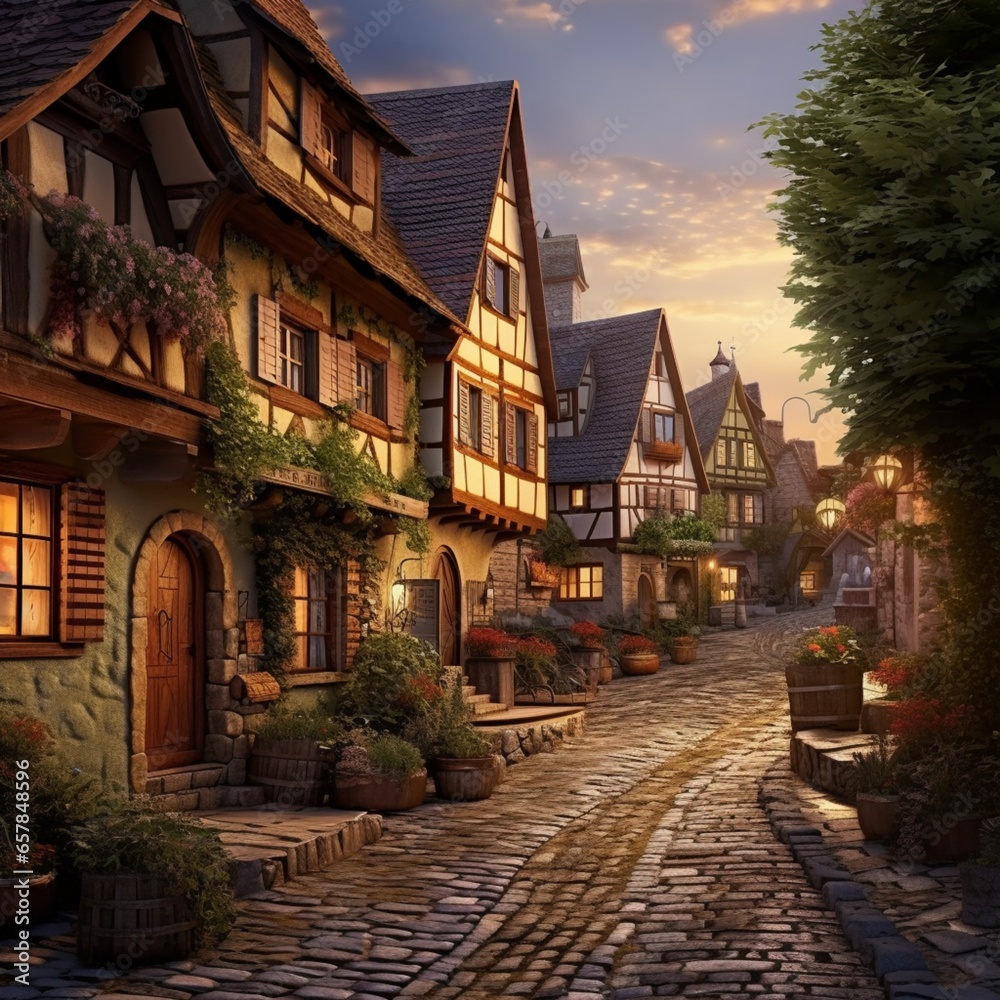 A charming cobblestone street meanders through an idyllic European village, lined with quaint cottages