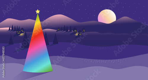 Magic rainbow Christmas tree in a purple landscape at night.
