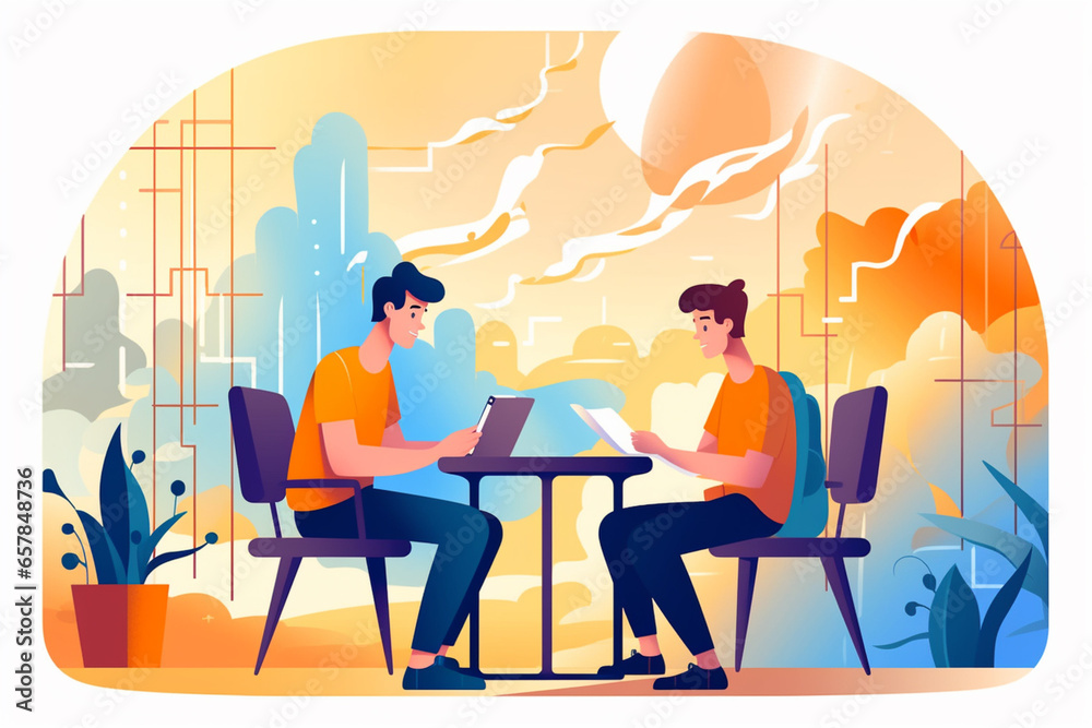 illustration of two developers sitting at table with laptop