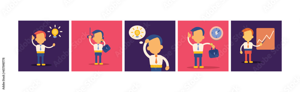 Business Man Leader Achieving Goals Icon Vector Set