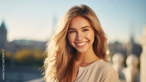 Smiling Teen Latino Woman with Blond Straight Hair Photo. Portrait of Casual Person in City Street. Photorealistic Ai Generated Horizontal Illustration..