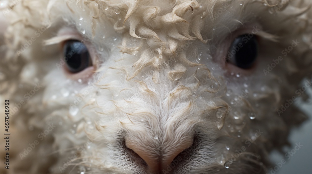 A close-up of a fluffy lamb's face, its eyes reflecting innocence and curiosity