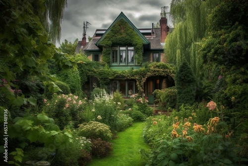 Stunning house in a lush dream garden. Generative AI © Hezekiah