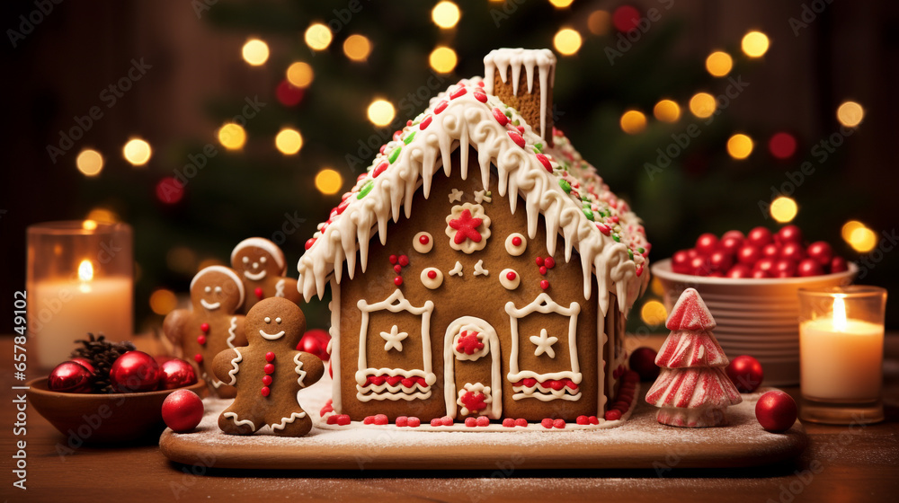 Gingerbread House on Wooden Table with Candy Canes, Gingerbread Man, and Small Christmas Tree Gingerbread House on Wooden Table with Candy Canes, Gingerbread Man, and Small Christmas Tree