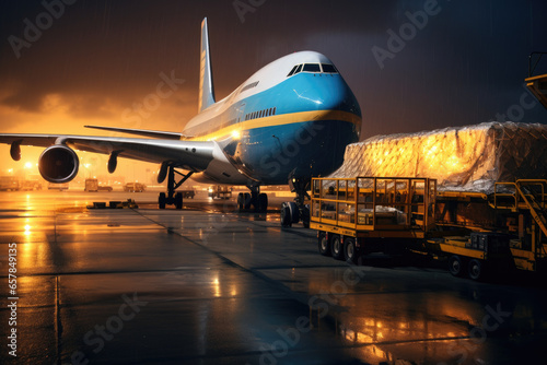 Cargo plane being loaded or unloaded with freight at a bustling airport