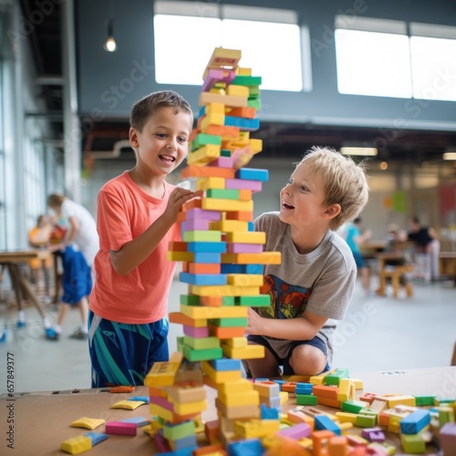Two young boys building a towering skyscraper out of colorful blocks
