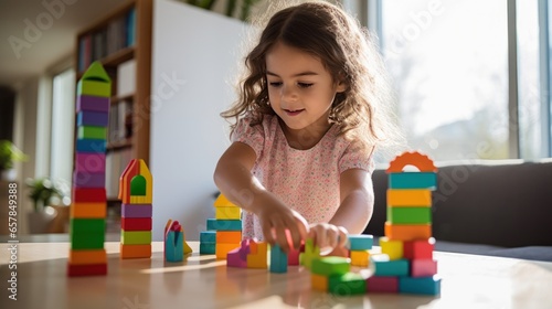 A young child using blocks to learn basic counting and math skills.