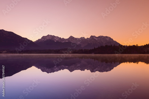 Karwendel Mountains Reflected in Lake Barmsee, Krun, Upper Bavaria, Bavaria, Germany photo