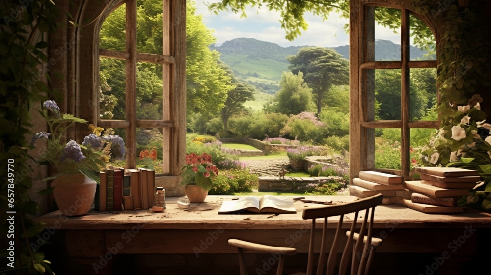 a country cottage, with a rustic wooden desk and a view of a tranquil garden
