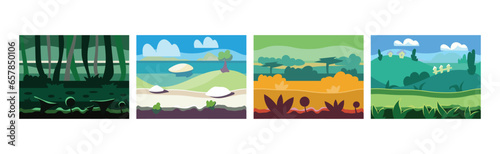 Flat Landscapes View and Picture as Game Background Vector Set