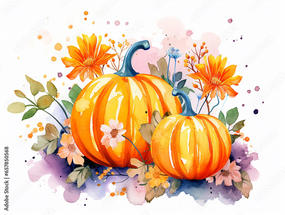 Naklejka premium Watercolor falling illustration of pumpkins and flowers on white