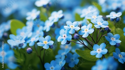 a delicate forget-me-not flower, its tiny blue blossoms creating a sea of color against a backdrop of lush greenery photo