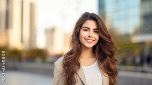Smiling Teen Persian Woman with Brown Straight Hair Photo. Portrait of Casual Person in City Street. Photorealistic Ai Generated Horizontal Illustration..