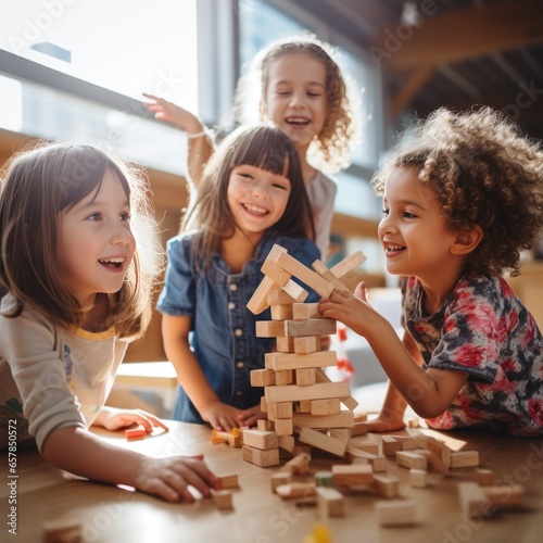 A group of children playing together and building with wooden blocks.