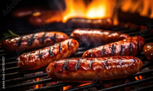 Tasty juicy sausage baked on the grill. Generative AI.