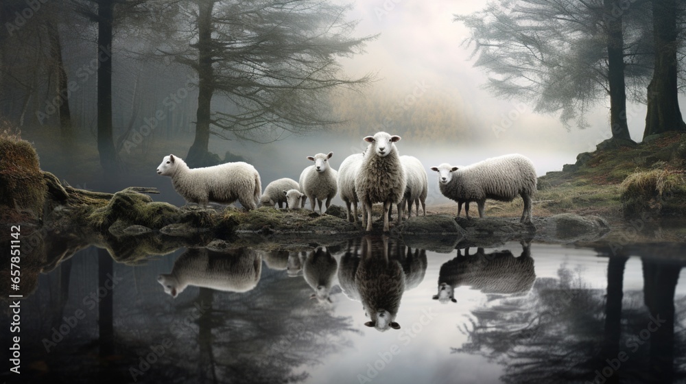 A family of sheep gathered around a tranquil pond, their reflections mirrored in the calm waters - obrazy, fototapety, plakaty 