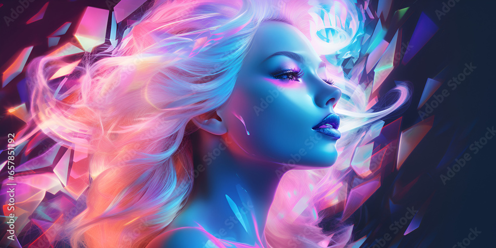 Portrait of a beautiful futuristic woman with modern accessory, pink and purple color Portrait of a beautiful futuristic woman with modern accessory, pink and purple color