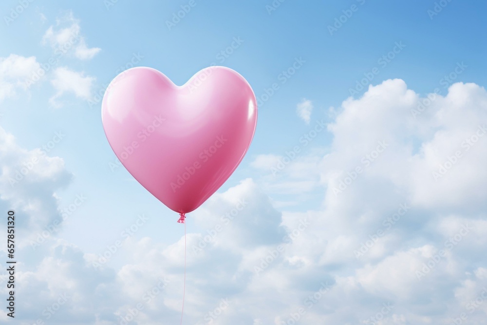 Pink heart balloon on blue sky with white clouds. Creative pastel valentine's day. Generative AI
