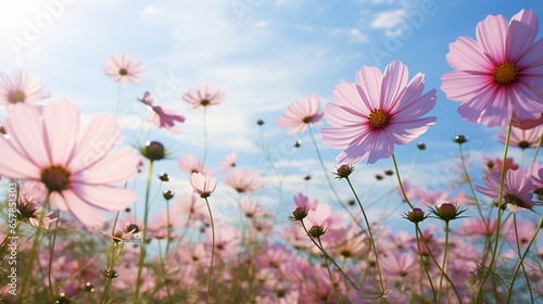 a field of cosmos flowers, with their delicate, feathery petals dancing in the gentle breeze of a summer afternoon © Muslim