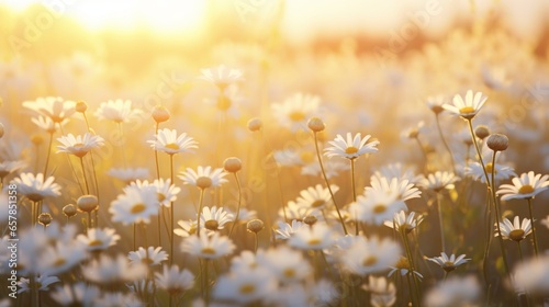 a field of daisies at sunrise, with the white blossoms appearing almost translucent in the gentle, early morning light