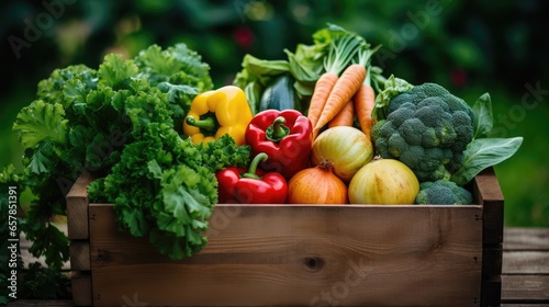 A rustic wooden crate brimming with fresh, vibrant vegetables, bathed in natural light outdoors. A snapshot of farm-fresh goodness, ready for wholesome culinary adventures. Generative AI