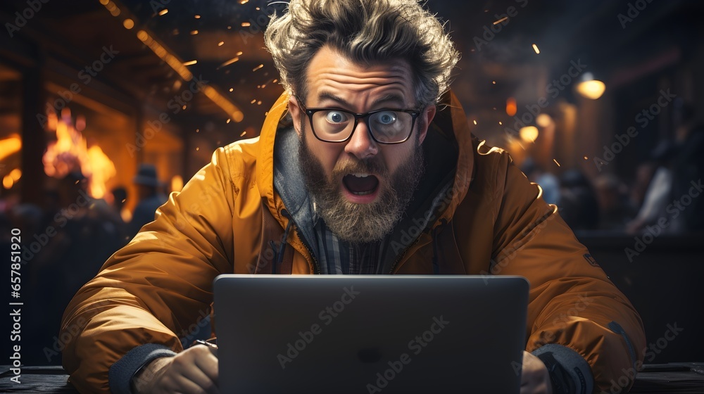 A bearded adult using a laptop at night with eyeglasses. Bearded Man at Night Using Laptop for Digital Communication A bearded adult using a laptop at night with eyeglasses. Bearded Man at Night Using Laptop for Digital Communication