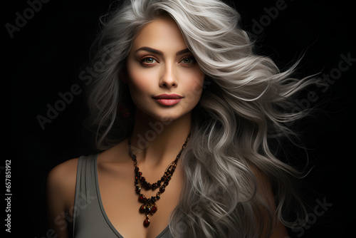 picture of adorable elegant lady with long healthy wavy grey color hairdo
