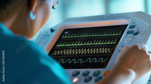checking cardiogram monitor of patient in operation room. Heart rate monitor in a Intensive care unit hospital. Generative Ai