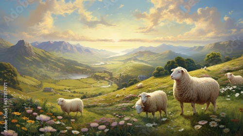 A flock of sheep in a charming countryside, surrounded by wildflowers and rolling hills