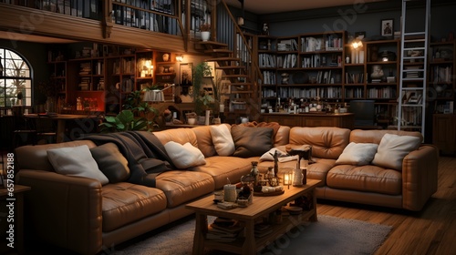 Cozy Living Room with Illuminated Bookshelf and Comfortable Furniture. A well-lit, inviting living space with cozy furniture and bookshelves.