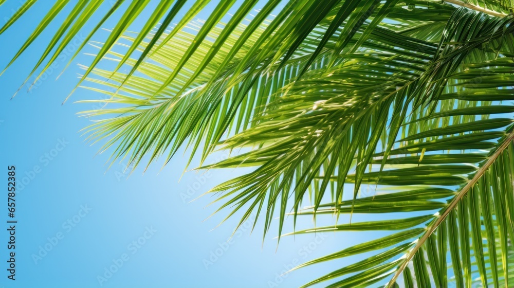 Vibrant green palm leaves against blue sky Vibrant green palm leaves against blue sky