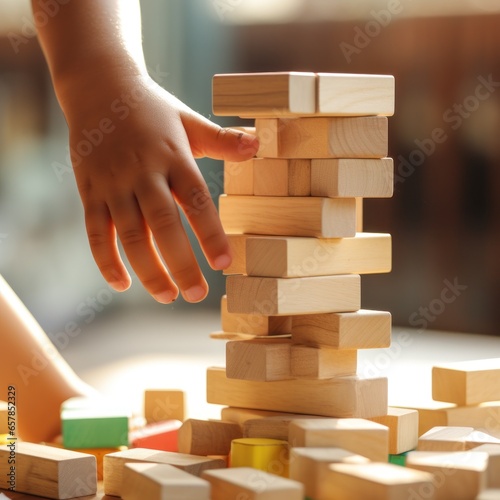 A child's hands building a simple house with colorful plastic blocks