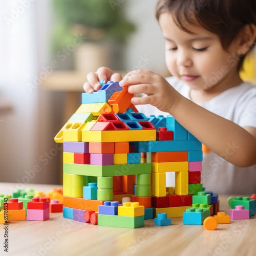 A child's hands building a simple house with colorful plastic blocks