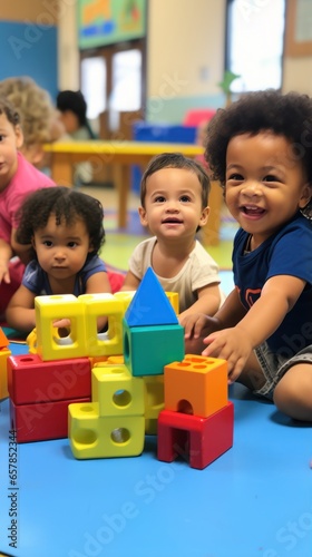 A group of children playing together and building with wooden blocks.