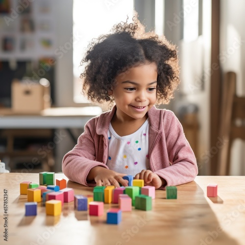 A young child using blocks to learn basic counting and math skills.