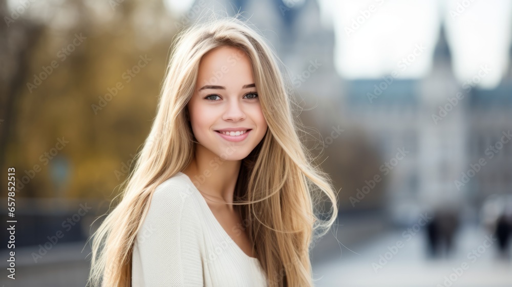 Smiling Teen White Woman with Blond Straight Hair Photo. Portrait of Casual Person in City Street. Photorealistic Ai Generated Horizontal Illustration.. Smiling Teen White Woman with Blond Straight Hair Photo. Portrait of Casual Person in City Street. Photorealistic Ai Generated Horizontal Illustration..