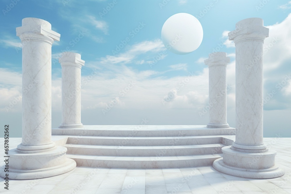 Concept of sustainability. Marble pillars and steps against blue sky. 3D rendering. Generative AI
