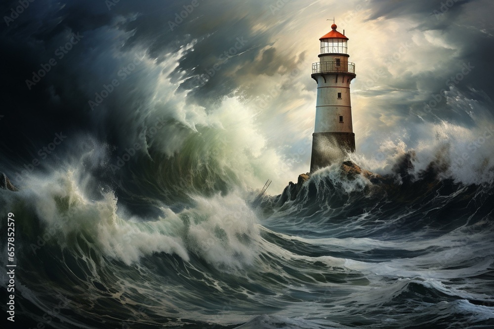 Lighthouse stands tall amidst turbulent weather. Generative AI