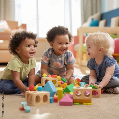 A group of children playing together and building with wooden blocks.