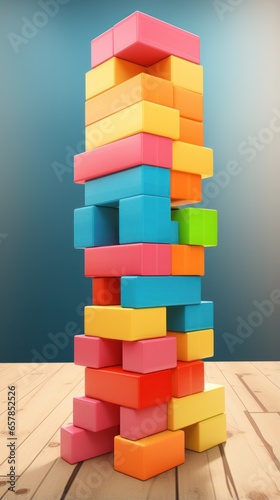 Colorful blocks stacked high in a tower