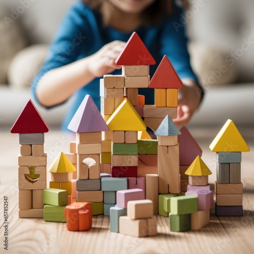 A child's hands building a simple house with colorful plastic blocks