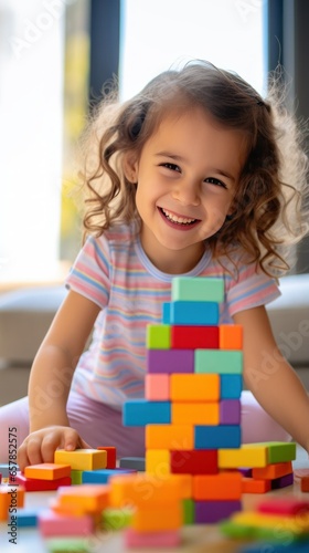 A little girl smiling while creating a rainbow tower with blocks