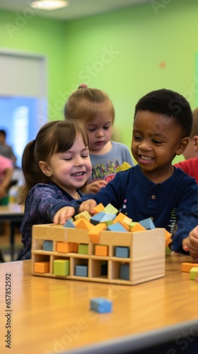 A group of children playing together and building with wooden blocks.