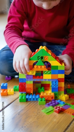 A child's hands building a simple house with colorful plastic blocks